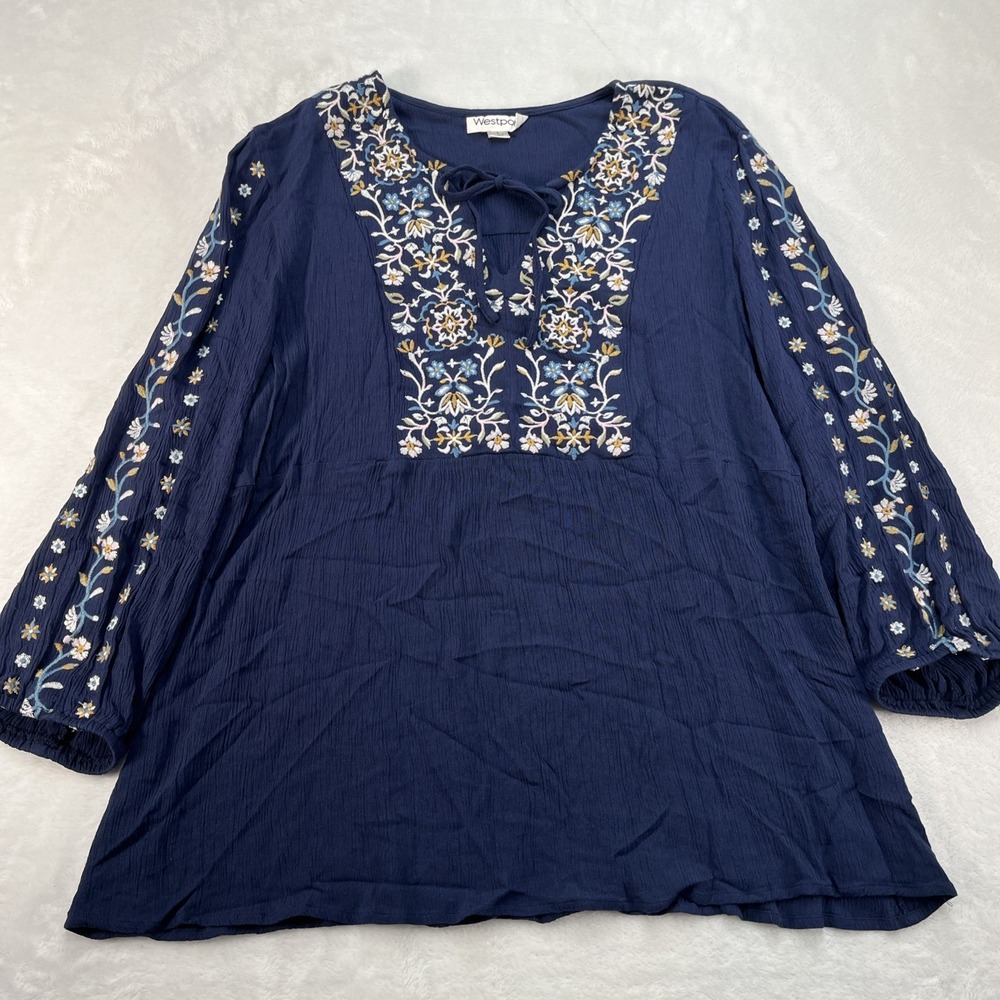 Westport Floral Embroidered Top Womens Large‎ Vneck 3/4 Sleeve Boho Garden Tie